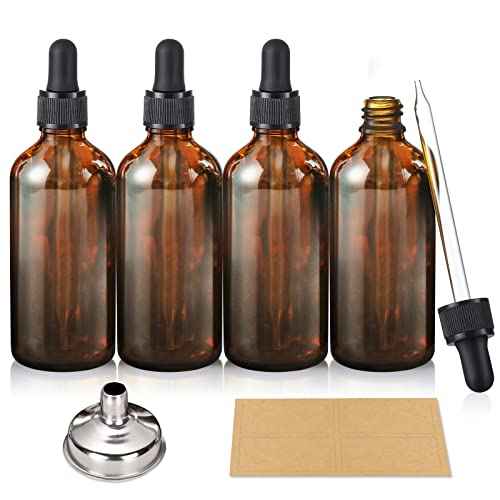 AOZITA 4 Pack, 100ml Dropper Bottles with 1 Funnel & 4 Labels - Essential Oils Bottles for Health, Personal Care & Beauty - 3.4oz Thick Dark Amber Glass Tincture Bottle with Eye Droppers, Leakproof