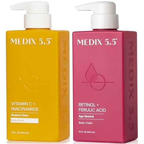MEDIX Vitamin C Body Wash + Retinol Body Lotion Crepey Skin Moisturizer 2PC Set | Anti Aging Retinol Body Cream + Gel Body Cleanser Skincare Set For Women, Men, & Firmer Looking Skin, 2PC