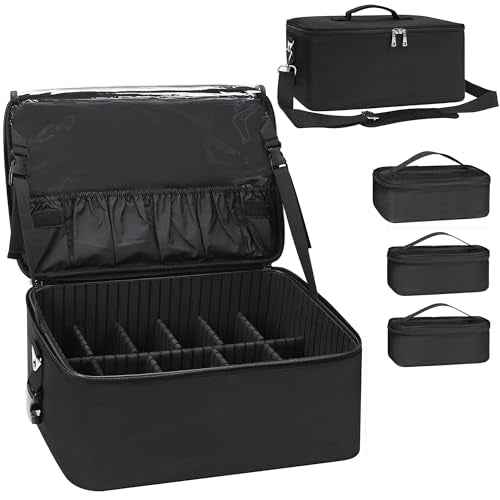 Relavel Makeup Bag Large Makeup Case Professional Cosmetic Storage Organizer Box Brush Holder with 3 Clear Set Bags for Makeup Artists with Shoulder Strap & Adjustable Dividers