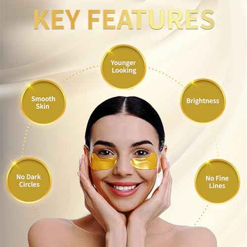 24K Gold Under Eye Patches (20 Pairs) Anti-Wrinkle Hydrogel Eye Mask with Collagen & Hyaluronic Acid -Reduces Dark Circles, Puffiness & Fine Lines - Eye Treatment for Men & Women