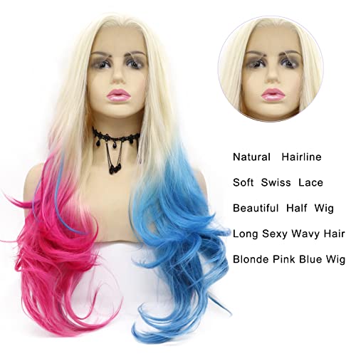 Long Pink Blue Wigs for Women Curly Wavy Blonde Ombre Lace Front Wig Mermaid Real Hair Wigs Natural Hairline Half Pink Blue Colorful Wig Glueless Synthetic Heat Resistant Fiber Cosplay Drag 26Inch