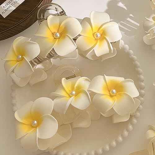 Hawaiian Plumeria and Hibiscus Flower Hair Clips for Women - Cute Large Pearl Non-Slip Claw Clips for Thick Hair, Beach Hair Accessories