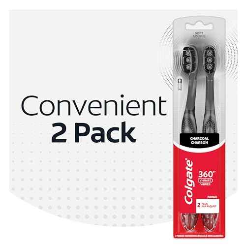 Colgate 360 Vibrate Charcoal Battery Operated Toothbrush Pack, Soft with 1 AAA Battery Included, Black, 2 Count