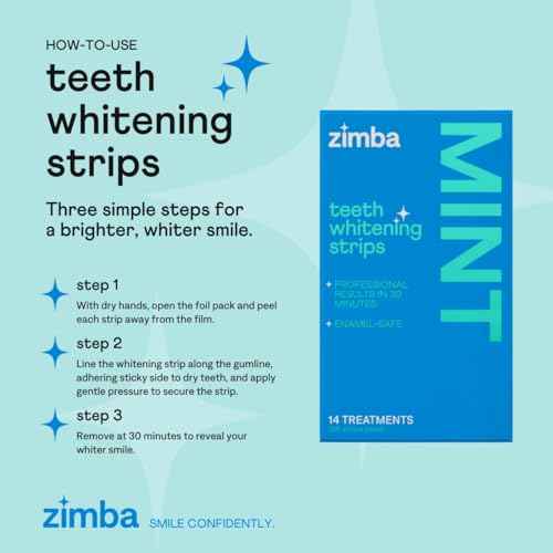 Zimba Teeth Whitening Strips Vegan Whitening Strip Enamel Safe Teeth Whitening Hydrogen Peroxide Teeth Whitener for Coffee, Wine, Tobacco, and Other Stains, 28 Strips (14 Day Treatment), Mint