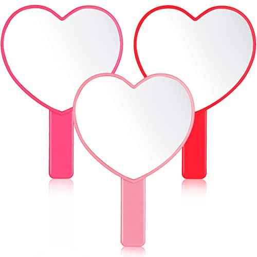 3 Pcs Handheld Heart Mirror Cute Plastic Heart Shaped Mirror with Handle Gifts for Women Her Birthday Party Favor Cosmetic Travel Makeup
