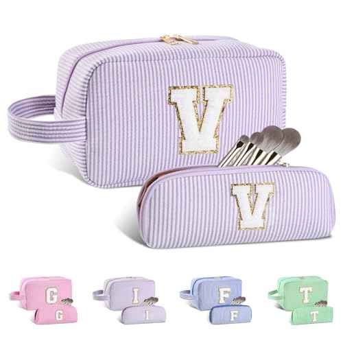 2pcs Personalized Initial Makeup Bag A-Z, Travel Toiletry Bag Preppy Make Up Bags Girls Cute Cosmetic Pouch Makeup Organizer Wedding Birthday Mothers Day Gifts for Women (Purple, V)
