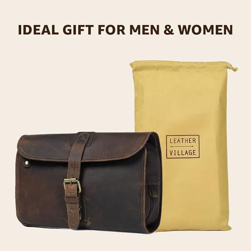 LEATHER VILLAGE Hanging Leather Toiletry Bag for Men & Women, Handcrafted Vintage Cosmetic & Shaving Organizer Travel Dopp Kit Shower Bag - Brown