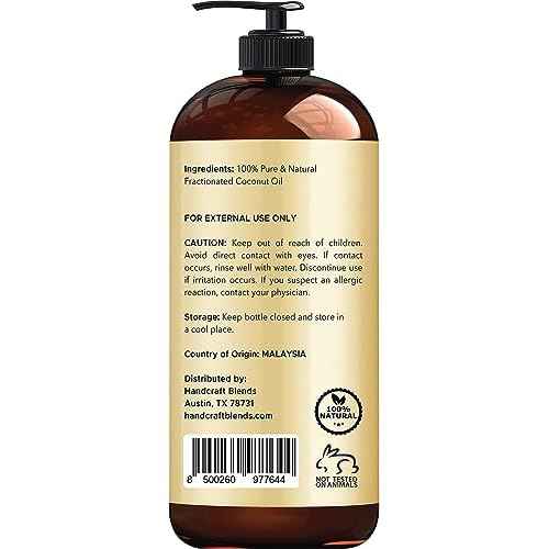 Handcraft Blends Fractionated Coconut Oil - 16 Fl Oz - 100% Pure and Natural - Premium Grade Carrier Oil for Skin, Hair and Body - Massage - Hair Tonic