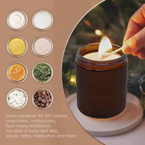 12 Pack 8 oz Round Amber Glass Cosmetic Jars with Black Lids, Spatula, Chalk Labels, Pen, Candle Holder, Refillable Containers for Makeup, Cream, Sugar Scrubs, Bath Salts