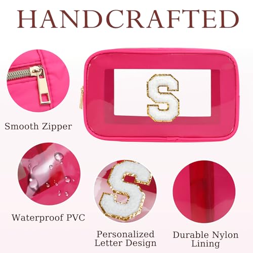 Gloppie Initial Clear Makeup Bag - Preppy Cosmetic Travel Toiletry Bag With Chenille Letter S - Gift for Women