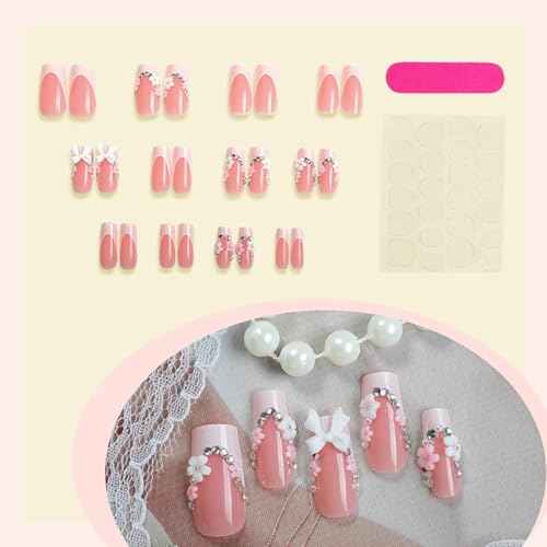 24Pcs Press On Nails Long Square Fake Nails Press Ons With Rhinestone Bow Design White French False Nails Pink Glossy Glue On Nails Full Cover Stick On Nails For Women Nail Supplies