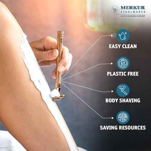 MERKUR 24G Safety Razor For Women with 10 Double Edge Blades | Extra Long Handle | Three-piece Razor | Straight Cut | Rose Gold Finish | Made in Germany