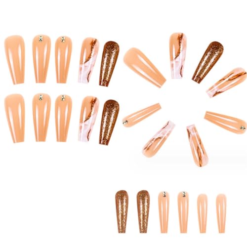 Long Press on Nails Marble False Nails Art Full Cover Acrylic Coffin Orange Fake Nails for Women and Girls 24PCS