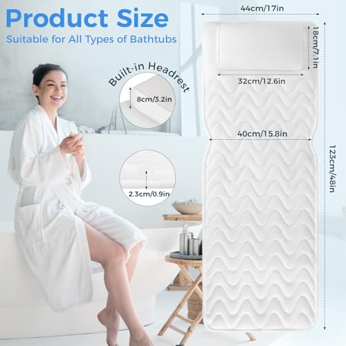 Full Body Bath Pillow for Tub, Soft Bathtub Pillow for Neck and Back Support, Washable 4D Mesh Bathtub Cushion with 11 Non-Slip Suction Cups, White