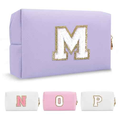 Personalized Makeup Bag Initial A-Z Preppy Patch Bag,Small PU Leather Travel Cosmetic Bag Pouch with Zipper,Purple Cute Toiletry Bag,Gift Ideal for Teen Girls Women Birthday Friend Mom,Latter M