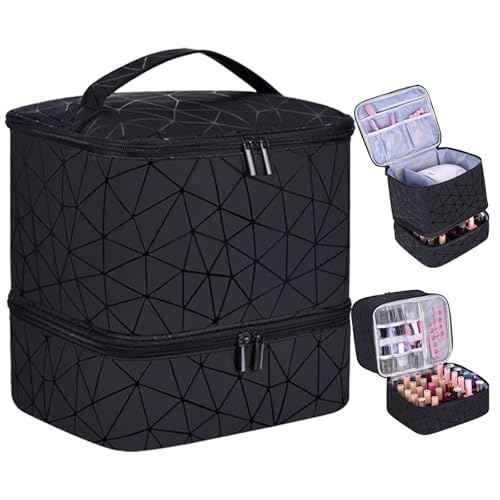 PU Leather Nail Polish Organizer, Double Layer Nail Polish Storage Holds 30 Bottles (15ml/0.5fl.oz) & Nail Lamp, Portable Nail Bag Organizer Case for Nail Tech Travel & Manicure Kit