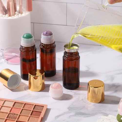 2 pack 1.7oz Large Amber Glass Roll on Bottles Rose Quartz Roller Ball Applicator for Essential Oils Perfume Refillable Empty Deodorant Containers with Pink Crystal Rollerball