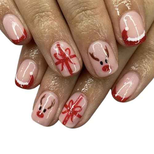 24 Pcs Christmas Press on Nails Short Square - SHANRUN Xmas Pink Fake Nails Press ons Nail Art Tip Glue on Nails Full Cover Artificial Acrylic False Nails Stick on Nails Red Hat French Gift Box Design