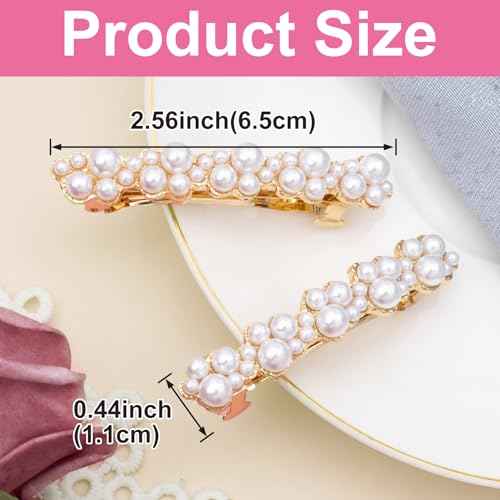 2 Pcs Pearl Hair Clips, Pearl-Embellished Barrette, Elegant Pearls Barrettes for Women, Party, Wedding, Daily Use, Graduation (Gold)