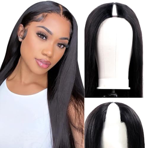 250% Density V Part Wig Human Hair with Drawstring Straight Brazilian Virgin Glueless Wig Human Hair for Black Women Upgrade U Part Wigs Full Head Clip In Half Wig No Leave Out Natural Color 18 Inch