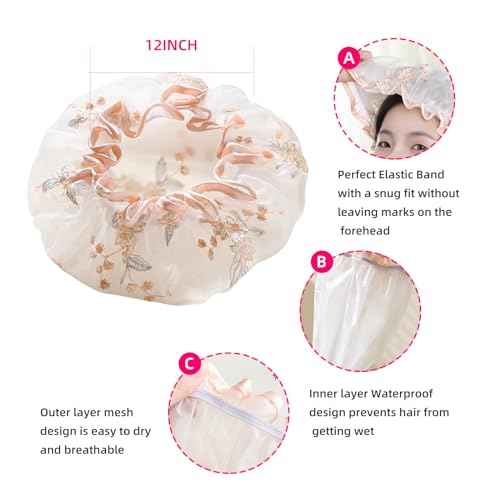 Shower Cap Reusable Waterproof Shower Caps for Women, Large Shower Cap for Long Hair, Washable Double Layers Elastic Band Bath Hair Hat, Unique hand-embroidered design Shower Bonnet Hair Cap Bath Caps