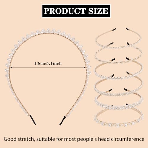 YISSION 6PCS White Pearl Headbands for Women Jeweled Head Bands Beaded Hairbands Fashion Wedding Bridal Headband Hair Accessories for Women Girls