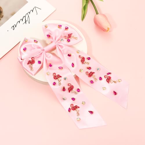 Flamingo Hair Bows for Women Tropical Flamingo Hair Clips Crystal Jeweled Big Pink Bows Satin Hair Ribbon Barrettes Boho Hawaiian Summer Beach Accessories Costume Outfits Party Favors (Pattern A1)