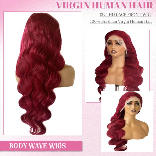 Benafee 28 Inch 99J Burgundy Lace Front Wigs Human Hair Body Wave 13x4 HD Transparent Lace Front Wigs Human Hair Pre Plucked Wine Red Glueless Real Remy Wig for Black Women Reddish Brown Color