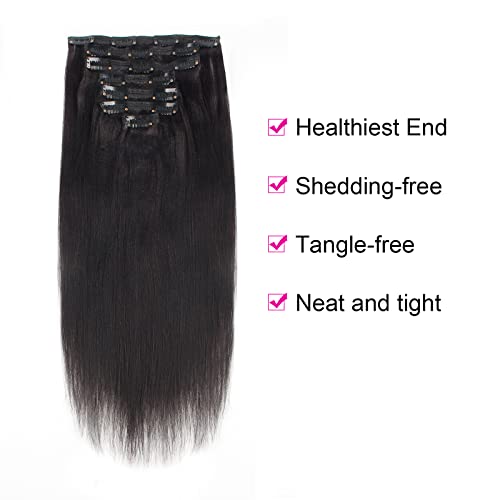 Lovrio 9A Yaki Straight Clip in Human Hair Extensions Double Weft Straight Clip in Hair Extensions Human Hair for Black Women 16 Inch Natural Black Yaki Clip ins Hair 120 Grams 7 Pieces With 17 Clips