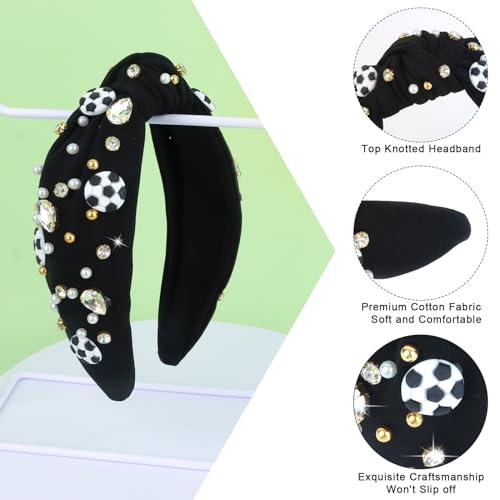 YARIEW Jeweled Knotted Headband - Wide Top Knot Headband for Girls, Sports Fan Mom, Game Day Accessories, Christmas Gifts (Black)