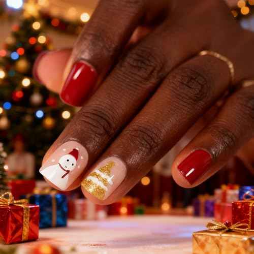 Christmas Snowman Press On Nails with Pre-design Golden Glitter Tree Short Squoval False Nail Art Tips Salon DIY Reusable Acrylic Manicure Gifts Stick On Fake Nails for Women Girls