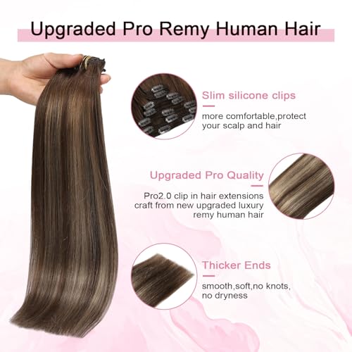Pro2.0 Clip in Hair Extensions Real Human Hair 120g Thick 7pcs Color #4/27/4 Chocolate Brown to Caramel Blonde Remy Real Human Hair Extensions Clip ins 14inch Double Weft£¨#4/27/4-14inch£©