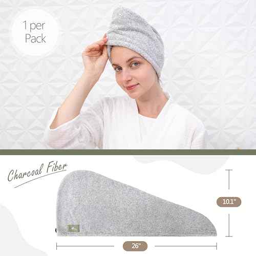myHomeBody Hair Towel Wrap, Luxury Quick Drying Turban, Ultra Soft Absorbent Charcoal Fiber Cap, with Coconut Shell Button ? Gray
