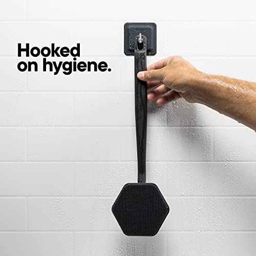 TOOLETRIES Silicone Back Scrubber with Hook - Exfoliating Shower Brush, Back Washer for Men, Durable Back Brush with Long Handle - Long Lasting Bath & Shower Accessories - Charcoal