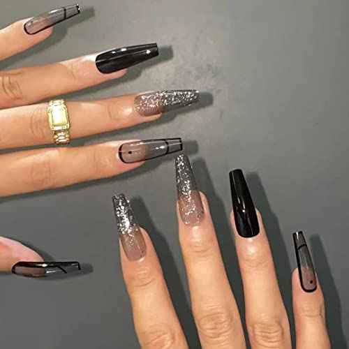 BABALAL Glitter Press on Nails Black French Fake Nails Shiny Clip on Nails Long Ballerina Artificial Finger Manicure with Nail Glue for Women and Girls
