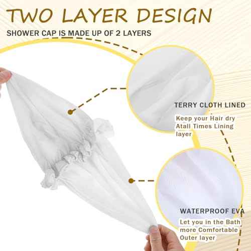 Giantree Shower Caps for Women, Reusable Terry Cloth Lined Shower Cap Double Layer, Reusable Waterproof Elastic Band Hair Cap for All Hair Lengths Bath Caps for Women Spa Home Salon Use(White)