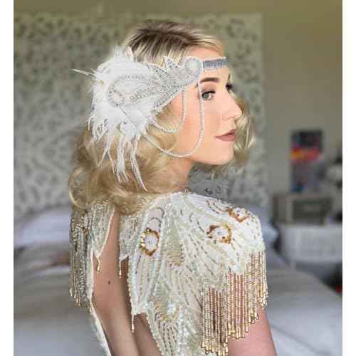 1920s Flapper Headpiece White Feather Flapper Headband Great Gatsby 20s Headpiece Roaring 20s Accessories for Women and Girls
