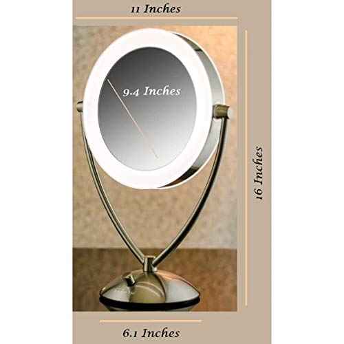 Ovente Lighted Tabletop Makeup Mirror 9.5 Inch LED Dimmable 1X 5X Magnifier 360 Adjustable Double Sided Battery USB Operated Bedroom Lamp Vanity Cosmetic Professional Large Nickel Brushed MLT45BR1X5X