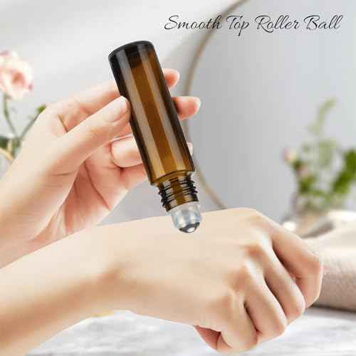 10ML Essential Oil Roller Bottles, 4 Pack Brown Oil Roller Bottles for Essential Oils, Roll on Bottle with Stainless Steel Balls(4 Labels, Opener, Funnel, Dropper Included)