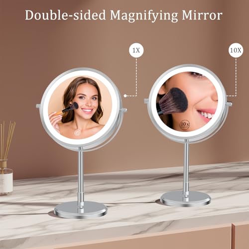 7¡± Magnifying Mirror with Lights,1X/10X Double Sided Lighted Makeup Mirror with Magnification, Rechargeable Battery, Dimmable, 3 Lighting Colors, Chrome