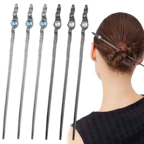 6 PCS Moonstone Hair Sticks Shinny Moonstone Metal Hairpins Vintage Chinese Style Hair Chopsticks for Women Girls Long Hair Elegant Hair Accessories