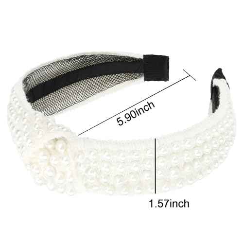 YISSION White Pearl Knotted Headband Beaded Head bands Wide Headbands for women Non Slip Jeweled Embellished Hairband Hair Accessories for Women Girls (Densely Arranged Pearls)