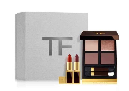 Tom Ford Eye Color Quad & Lip Color Mini Deluxe Set - Eye Color Quad in 31 Sous Le Sable Full Size and Mini Lip Color in Scarlet Rouge and Impassioned.