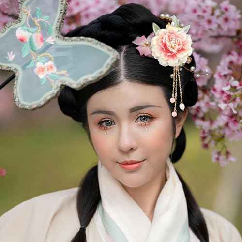 2 Pcs Flower Chinese Tassel Hair Stick Silk Artificial Blossom Hair Pins Japanese Hanfu Hair Chopsticks Retro Floral Crystal Pearl Wedding Headpiece Brides Hair Styling Accessories for Long Hair Women