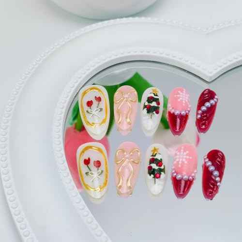30Pcs Christmas Press on Nails Medium Almond Fake Nails Red French Tip Nails with Pearl Rhinestones Design 3D Bow False Nail Xmas Tree Flower Acrylic Nail Christmas Snowflake Glue on Nail for Women