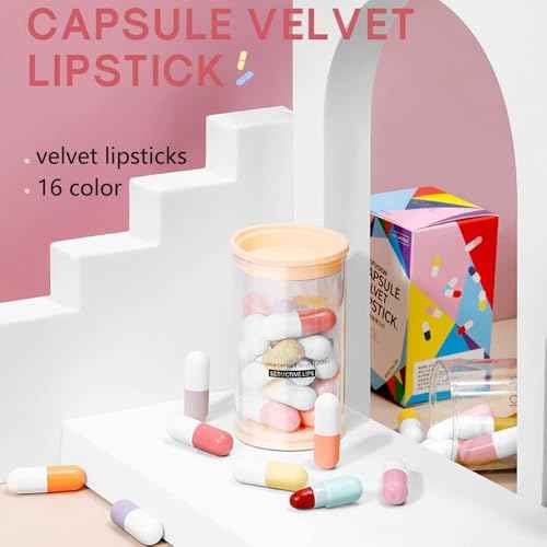 16 Pcs Mini Pills Lipstick Capsule Set, Waterproof Long Lasting Mini Matte Lipstick Set, Cute Capsule Velvet Matte Lipstick Set, Lipstick Bulk for Women