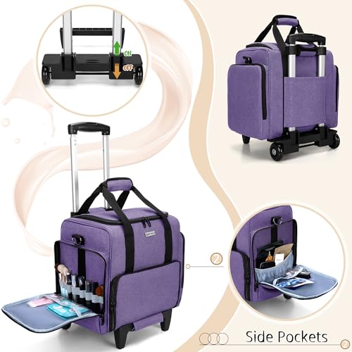 BAFASO Rolling Makeup Case with 3 Removable Pouches and 1 Makeup Brush Bag, Professional Makeup Train Case Cosmetic Bag with Detachable Dolly (Patented), Purple