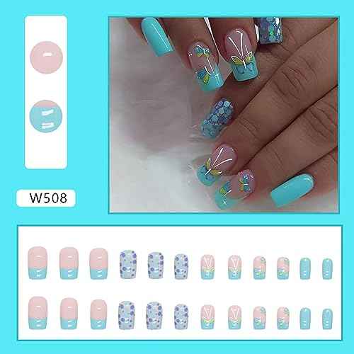 24pcs Square Press on Nails - Glossy Glue on Nails, Green French Tip Acrylic Nails with Butterfly Design False Nails for Women's Manicure