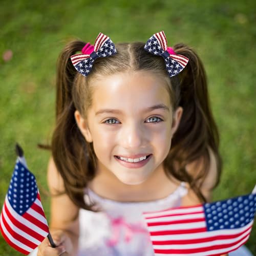4 Pcs Girls American Flag Hair Bow Clips Patriotic Red White and Blue Stars Stripes Alligator Hair Pins Barrette July Fourth Independence Memorial Day Outfit Decor Accessories Gift