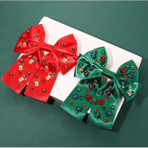 2PCS Christmas Hair Bow Clips for Women Christmas Accessories Xmas Bow Tree Reindeer Snowflake Hair Bows Silky Satin Red Green Bows Holiday Hair Ribbons Christmas Outfits Holiday Gifts